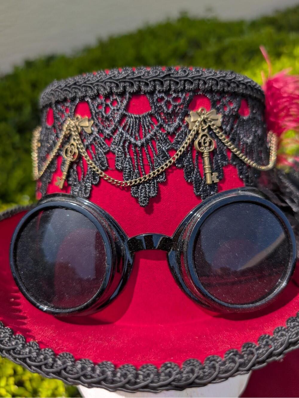 Black Red Steampunk Burning Man Top Hat With Goggles and Lace Party Head Gear - Picture 3 of 9